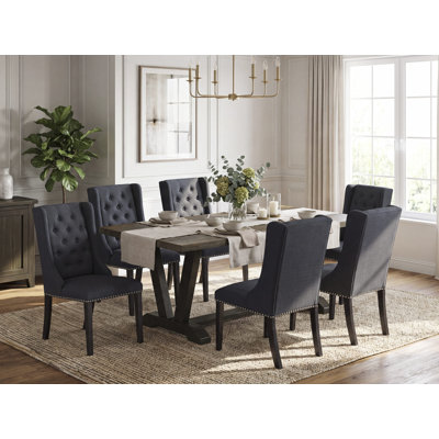 Ensemble de table de cuisine 7 pièces - 6 chaises de salle à manger en tissu de lin noir capitonné avec têtes de clous et table de salle à manger en lin blanc (blanc cassé) - finition noire brossée