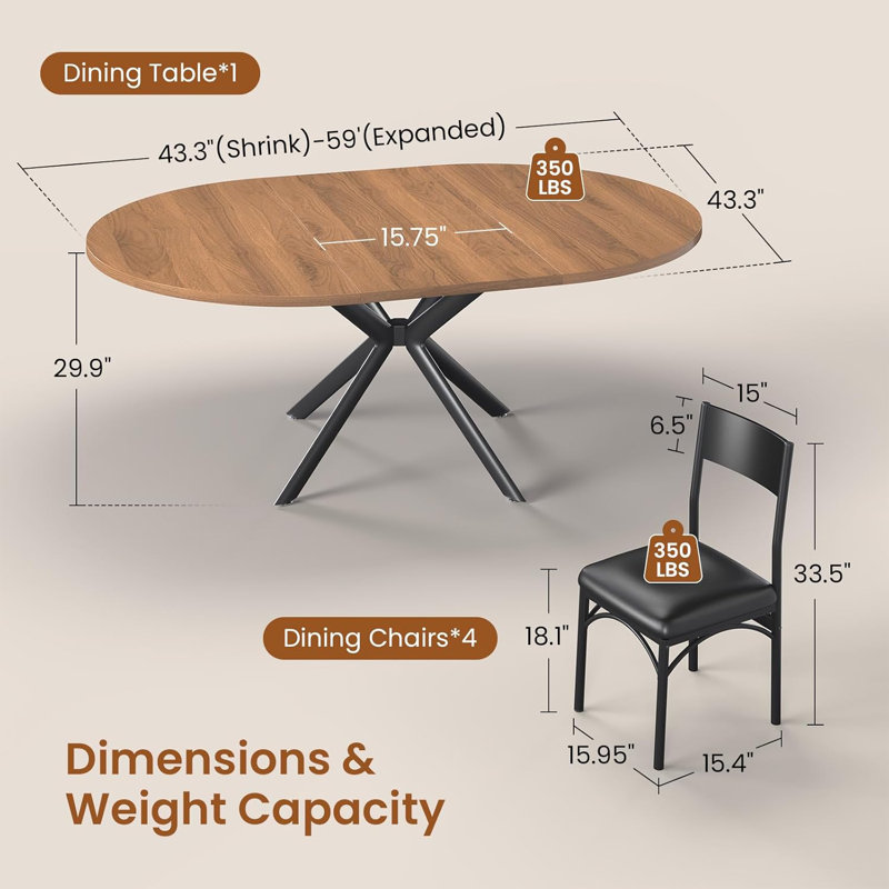 Table de salle à manger ronde extensible pour 4-6, table de cuisine en bois, Brun