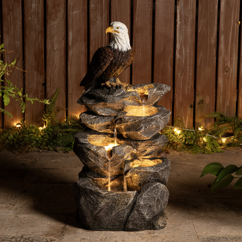 25.25"H 4-Tiered Eagel Polyresin Outdoor Fountain With Pump And LED Light (KD)