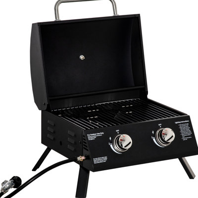 Barbecue au gaz de table, 2 brûleurs portatifs. Pieds pliables, couvercle, thermomètre. Noir, excellent pour le camping, le pique-nique et le barbecue portatif Pieds faciles à transporter. Couvercle et barbecues idéaux. Conception noire