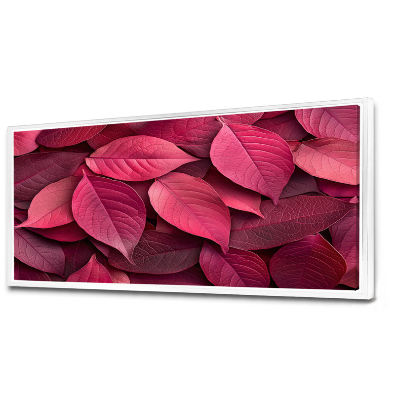 «Crimson Leaves Dancing Rose III» - feuilles, décoration murale, H 28 po x l 60 po, Impression encadrée flottante, Blanc