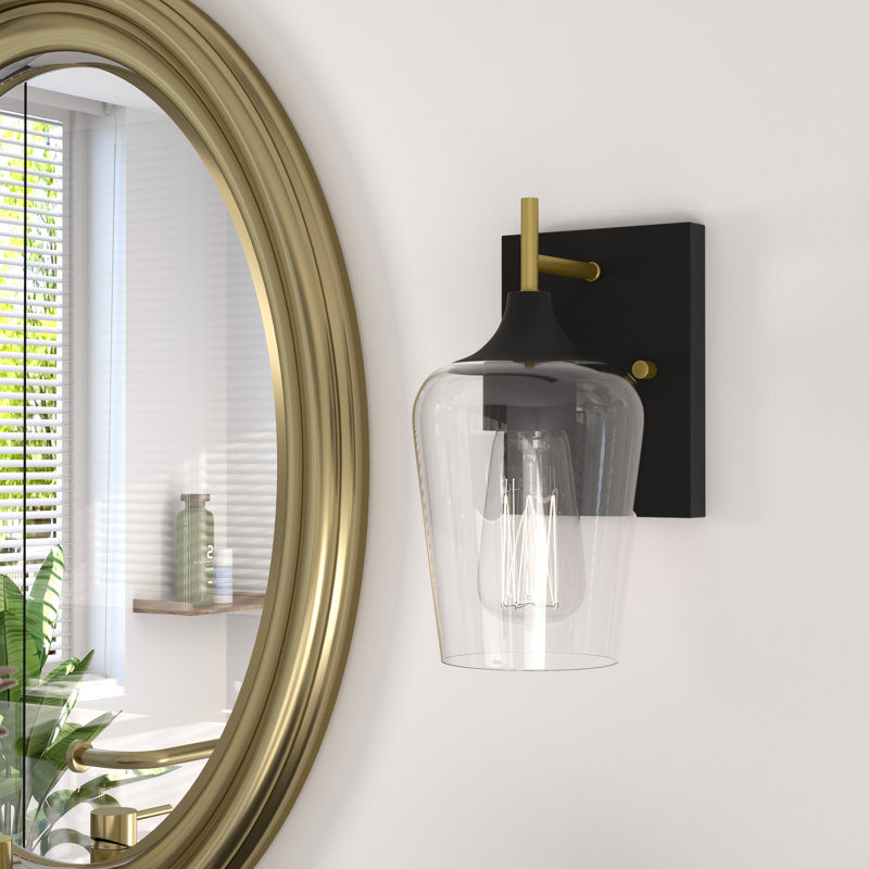 Breena 1-Light Dimmable Armed Sconce Wall Sconce, Satin Brass/Aged Zinc