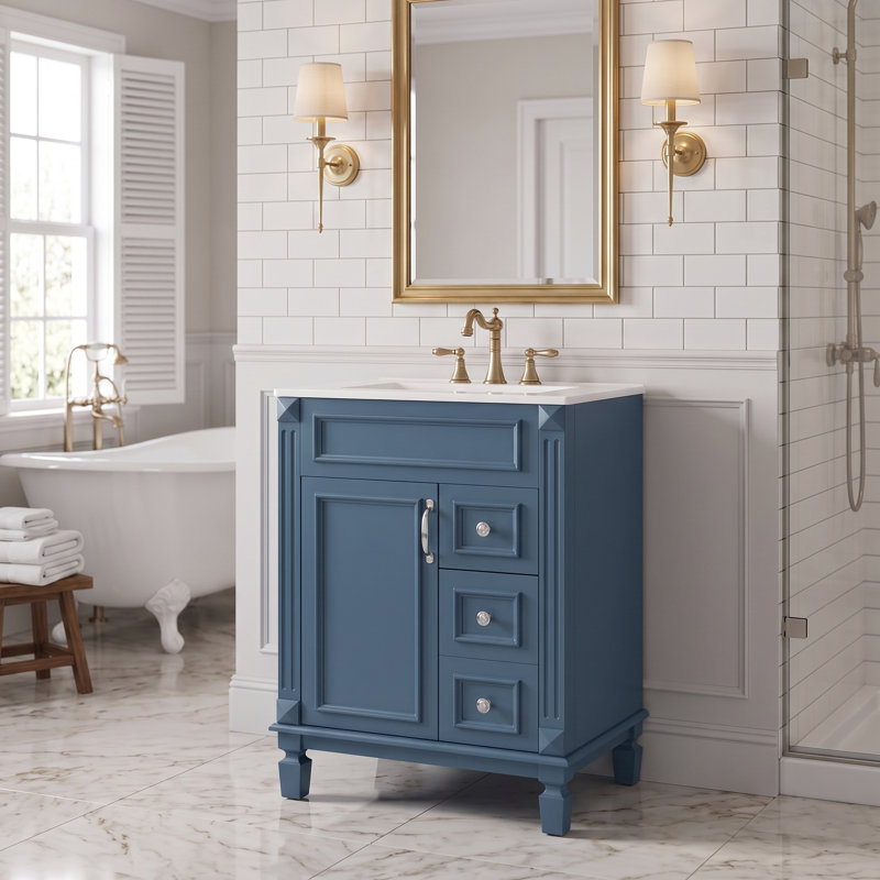 Meuble-lavabo de 24 po avec lavabo en céramique, petite armoire de lavabo de salle de bain noir, 2 tiroirs et tablette réglable, quincaillerie à fermeture silencieuse de qualité supérieure