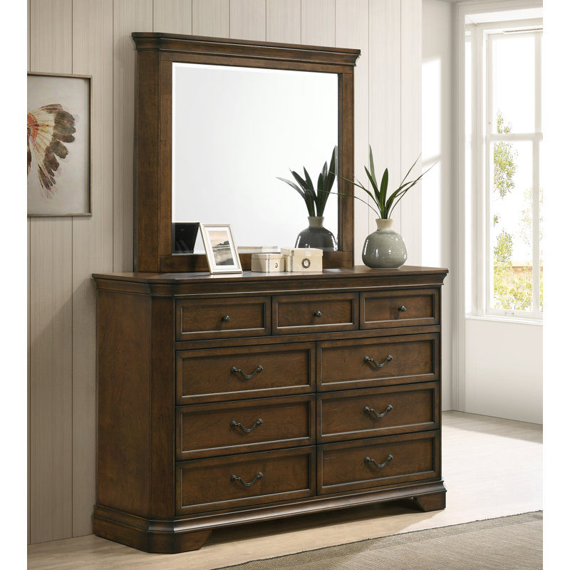 Ailany 6 Piece Bedroom Set, King, Antique Walnut, 6 Pcs: Bed, 2 Nightstands, Dresser, Mirror, Chest