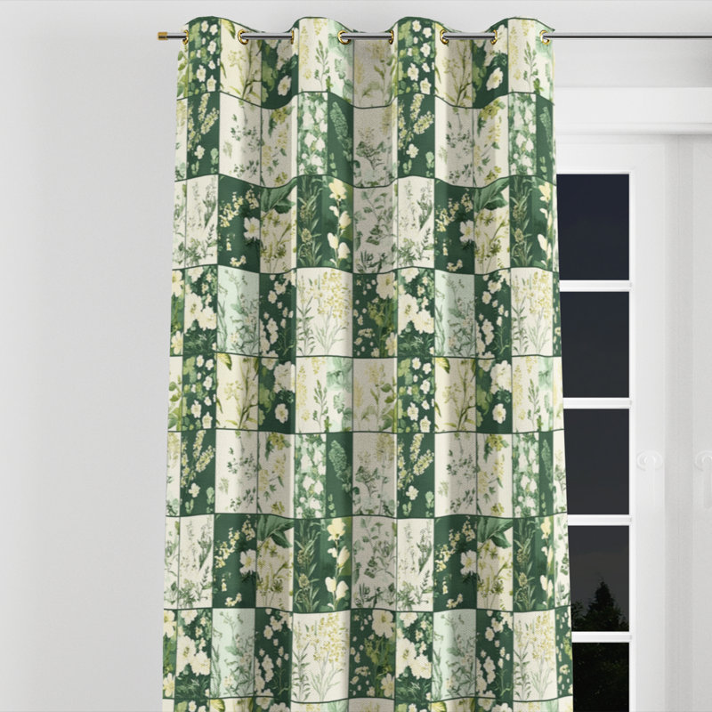 Patchwork Room Darkening Curtains - Green Meadows Quilt Grommet Curtain - 1 Panel, Gold Grommets, 52" W x 90" L