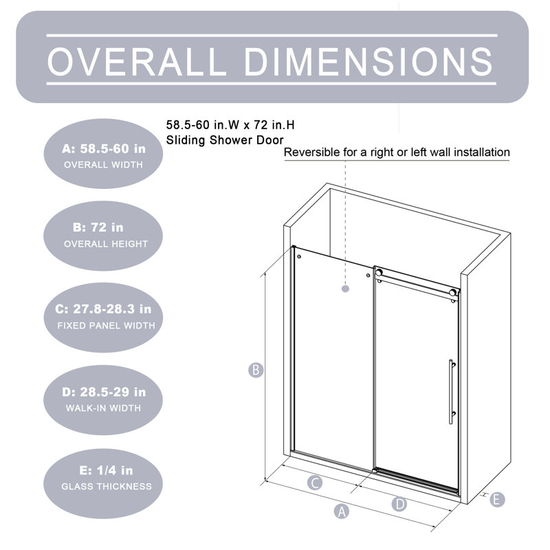30 In. -60 In. W × 72 In. H Frameless Shower Door Single Sliding With 1/4 Thickclear Tempered Glass  In Chrome   |  Zinc Roller Rail System|   Stainless Steel Handle