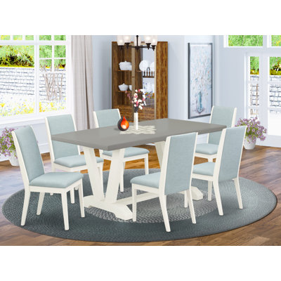 7-Pc Kitchen Table Set Contains a Cement Wooden Table and 6 Baby Blue Linen Fabric Upholstered Chairs with High Back - Wire Brushed Linen White.
