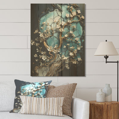 Or et émeraude antique Bonsai II - marbre abstrait sur bois