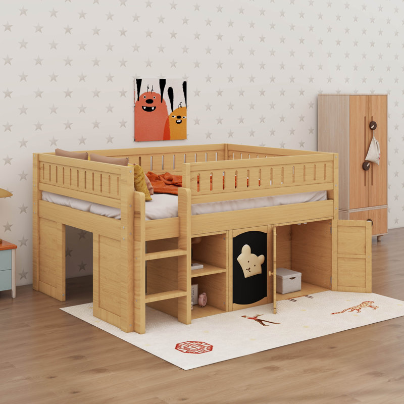 Lit mezzanine double avec armoire de rangement, Naturel