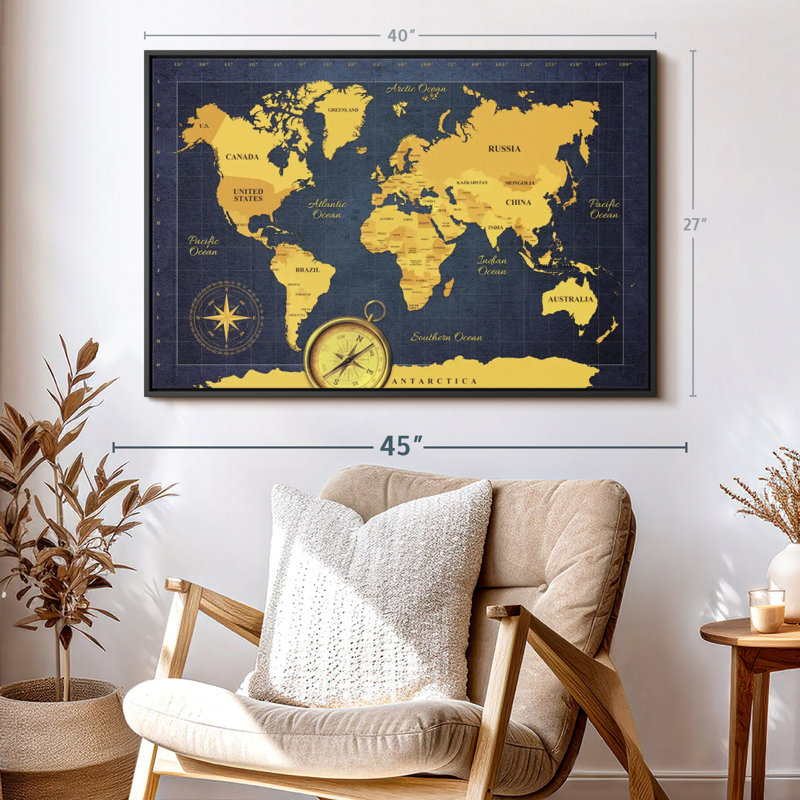 " Gold Compass World Map Canvas Print ", 27" H x 40" W