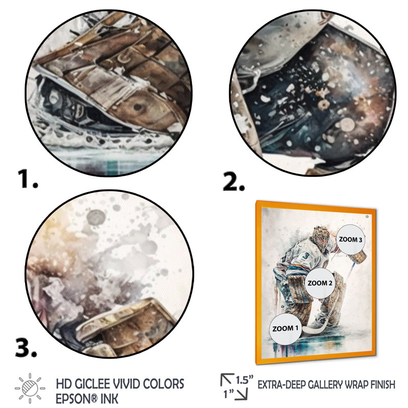 Hockey Gardien pendant le jeu VI - Peinture sur toile, H 32 po x l 24 po x P 1 po, Encadrement doré
