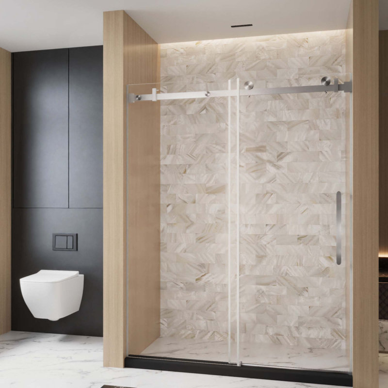 Frameless Single Sliding Shower Door, 1/4 "(6 Mm) Clear Tempered Glass, Explosion Proof Film, Stainless Steel Handle Square Tube Track