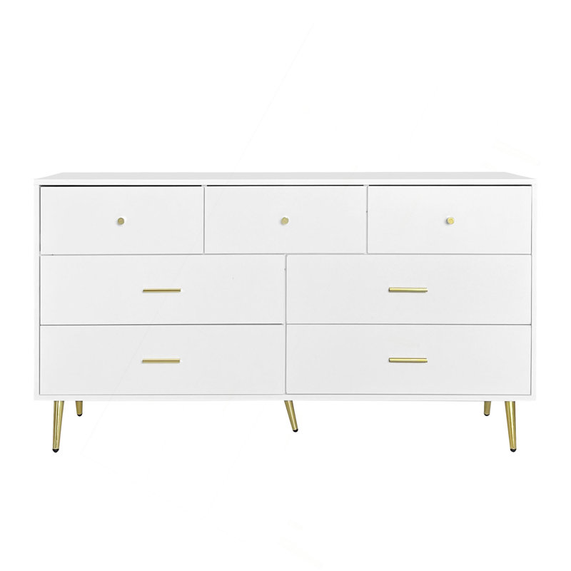 Seven Drawers Large Chest Of Drawer Cabinet With Golden Handle And Golden Legs White Color