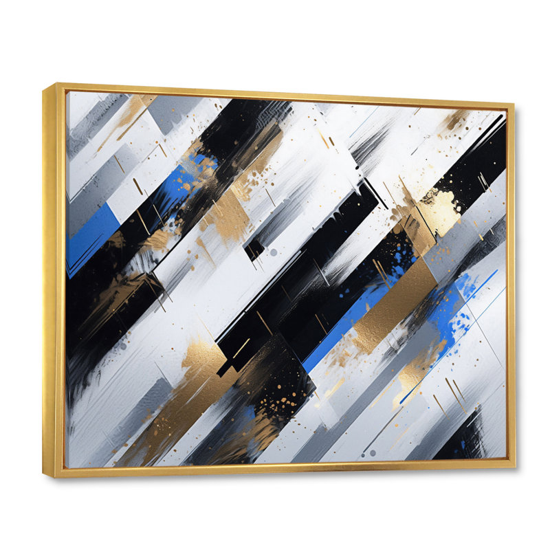 Rayures audacieuses bleues et dorées I, H 30 po x l 40 po x P 1,5 po, Cadre flottant doré