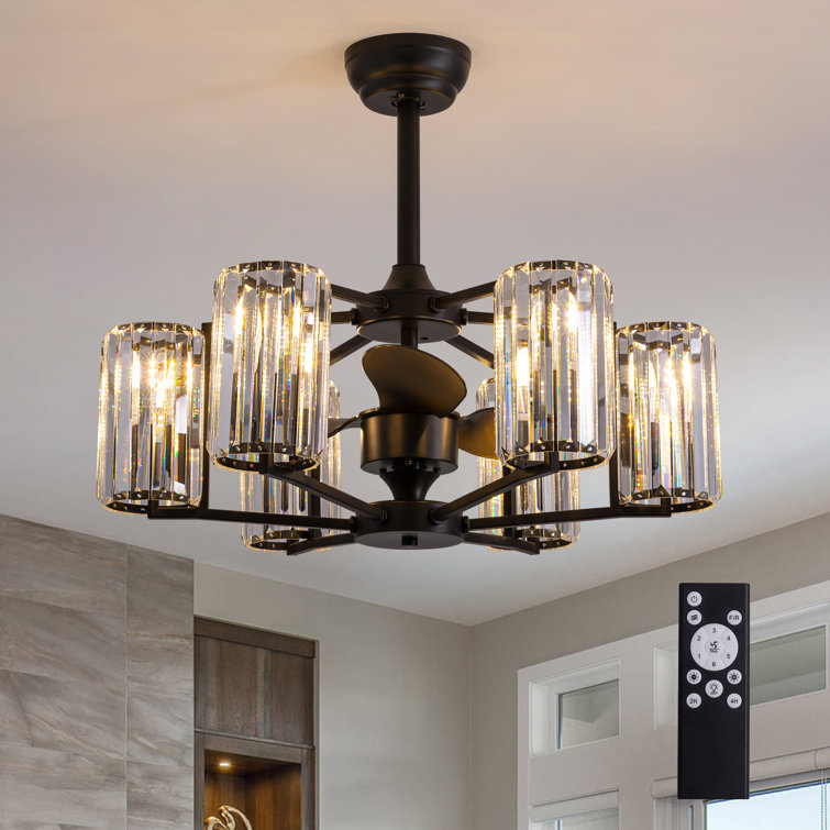 6-Light Crystal Column Ceiling Fan With Remote Control, Dimmable Chandelier With Adjustable Height