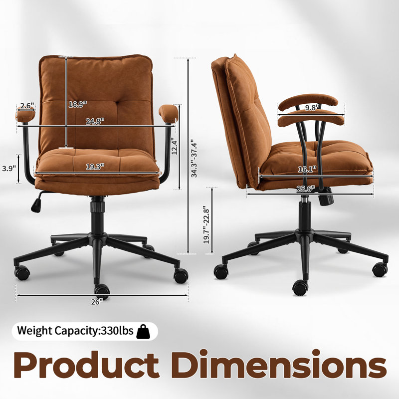 Tufted Button Double Layer Padding Faux Leather Swivel Office Chair, Brown