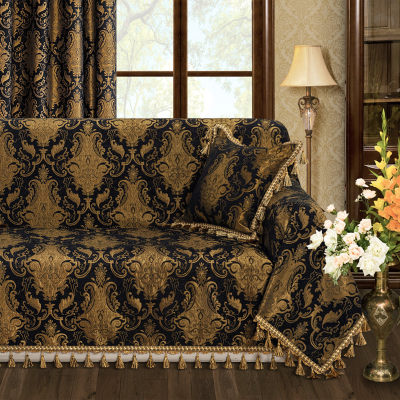 Housse pour canapé 1 pièce en damas avec pampilles, housse de protection pour canapé 71 po x 118 po, Tissu noir