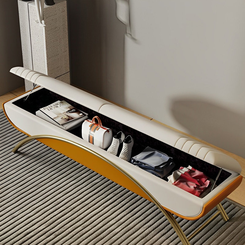 Banc de rangement rembourré avec tabouret italien, Orange / blanc cassé, H 18,5 po x l 70,86 po x P 16,92 po