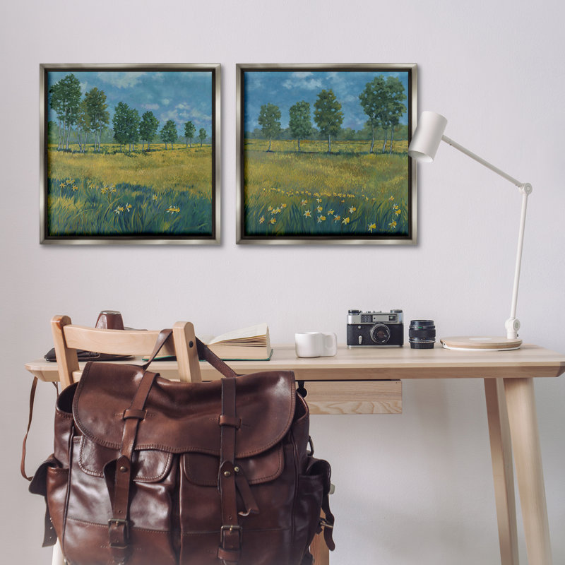 «Daffodil Tree Lined Field», ensemble de 2 toiles flottantes encadrées par Graham Reynolds, Cadre flottant gris lustré