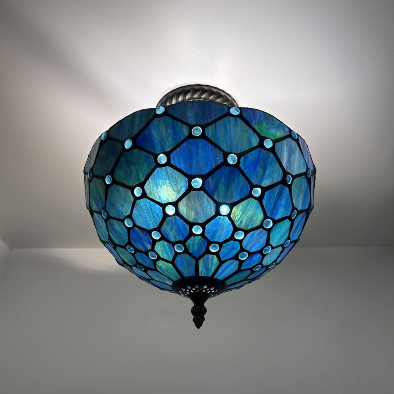 Tiffany Glass Semi Flush Mount, Blue
