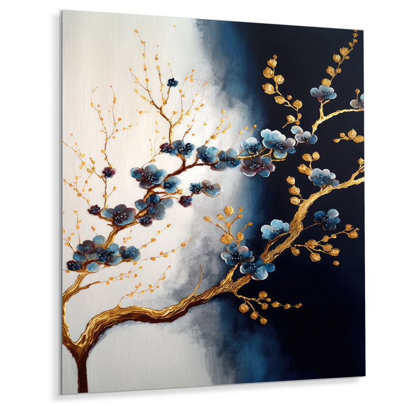 Watauga Blue Cherry Blossom Branch VI Metal Wall art, 32" H x 16" W x 1" D