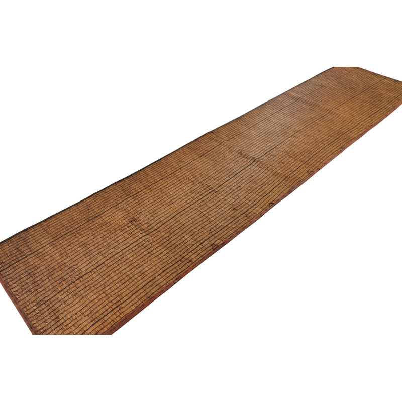 Vintage Tuareg Mat Runner, Warm Beige With Rich Brown Stripes - Rug & Kilim