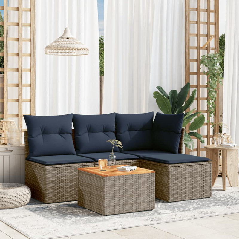 Ensemble de canapé de patio 5 pièces avec coussins pour l'extérieur, Marine, Gris