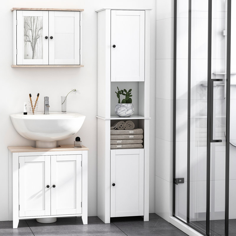 Armoire de rangement haute pour salle de bain avec tablette à 2 niveaux et 2 portes, Gris