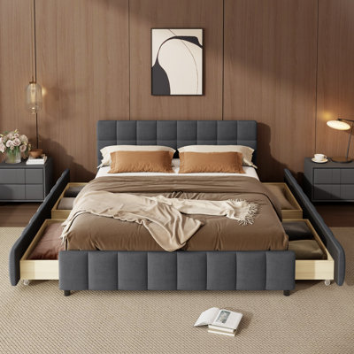 Queen Size Upholstered Platform Bed with 4 Storage Drawers, 86.6 x 64.2 x 30.7 Inch, Linen Fabric and Steel, 1 Piece, Gray, Tufted Headboard and 500 l