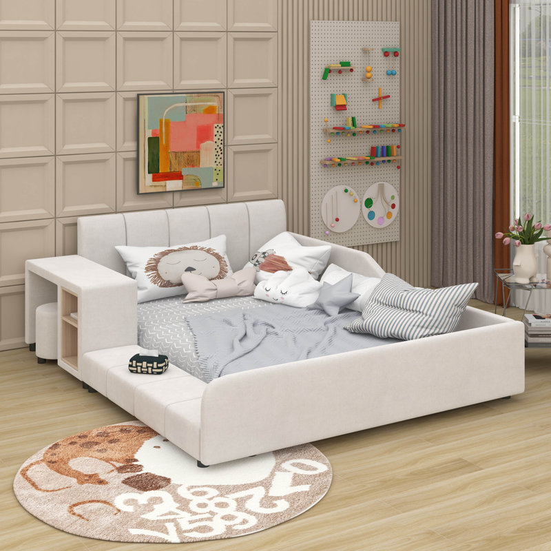 Lit double tapissier pleine grandeur avec bureau de chevet, Beige