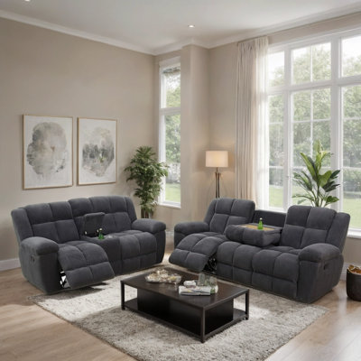 2-Piece Premium Corduroy Manual Recliner Sofa Set With Drop-Down Coffee Table,Cup Holders,And Storage Console by Latitude Run