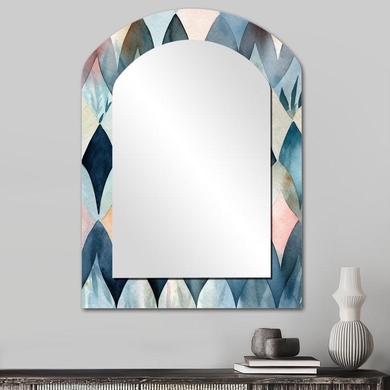 «Blue Abstracted Mapping of Forms III - Geometric Arch Large Mirror», art mural en métal, 34 po x 25 po