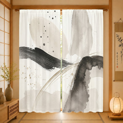 2 pièces de rideaux délavés à l'encre abstraite, tissu filtrant la lumière, motif de coup de pinceau artistique et mystérieux, protection de l'intimité du parasol, conception à passe-tringle, convient au salon, à la chambre à coucher, au balcon et à la cuisine