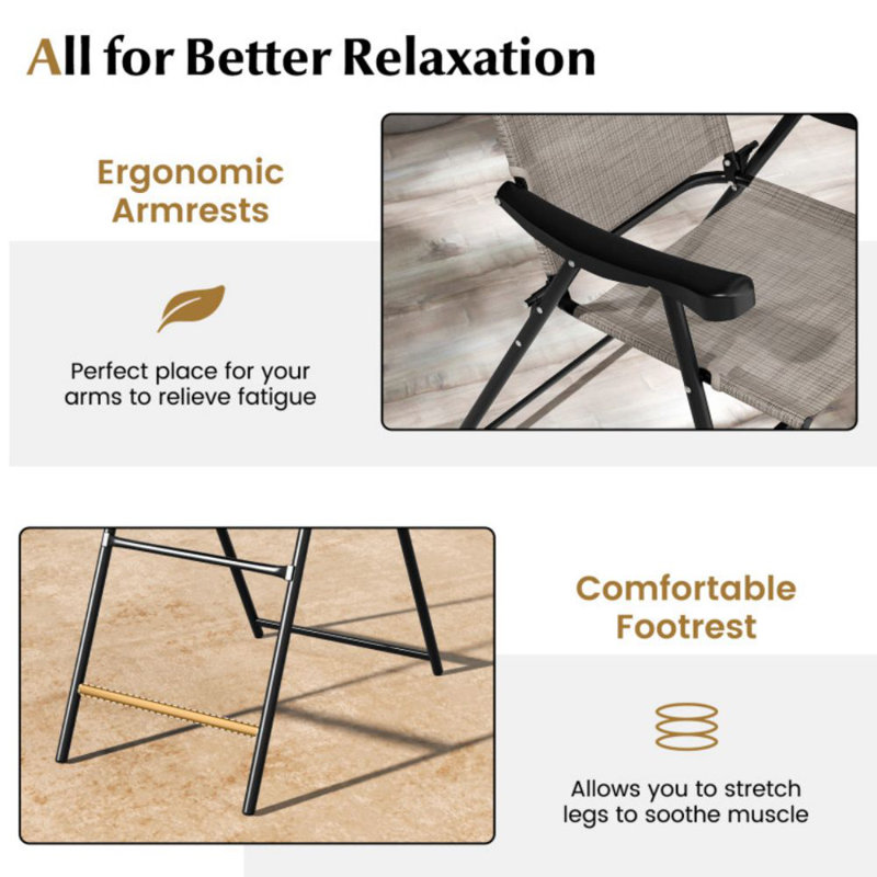 Patio Folding Bar Stool Set Of 2 With Metal Frame And Footrest, Coffee