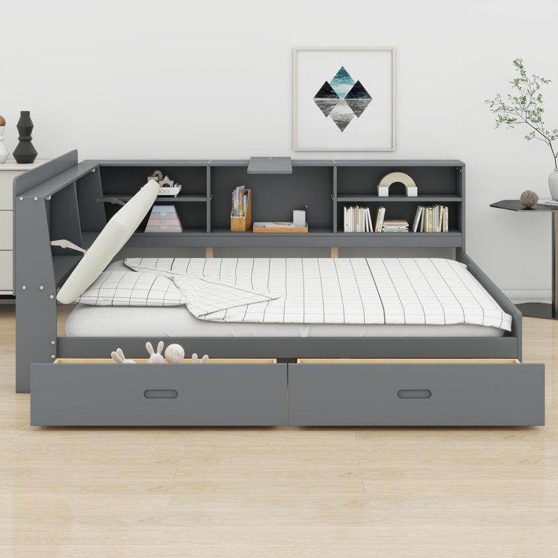 Base de lit minimaliste en bois avec tête de lit, tablettes et tiroirs de rangement, Gris
