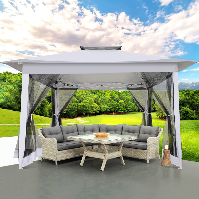 12x12 Outdoor Pop Up Canopy with Mosquito Netting Patio Tent Backyard Canopy with 2-Tiered Vented Top 3 Adjustable Height