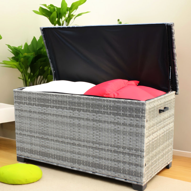 Rangement de patio gris - capacité de 148 gallons. Couvercle renforcé. Intérieur. Facile à déplacer avec les poignées. Pe et acier. Assemblage requis: gris boîte. Panneau de 148 pièces Sac intérieur. Poignées pour la mobilité.