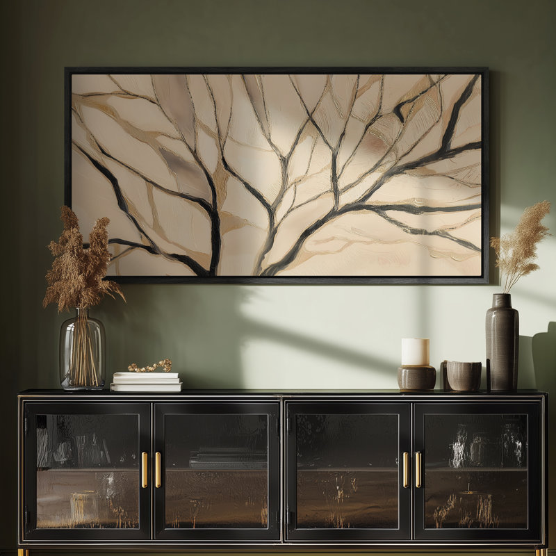 Motif de branche d'arbre doré sur toile texturée pour impression d'art de salle à manger, H 30 po x l 60 po, Noir