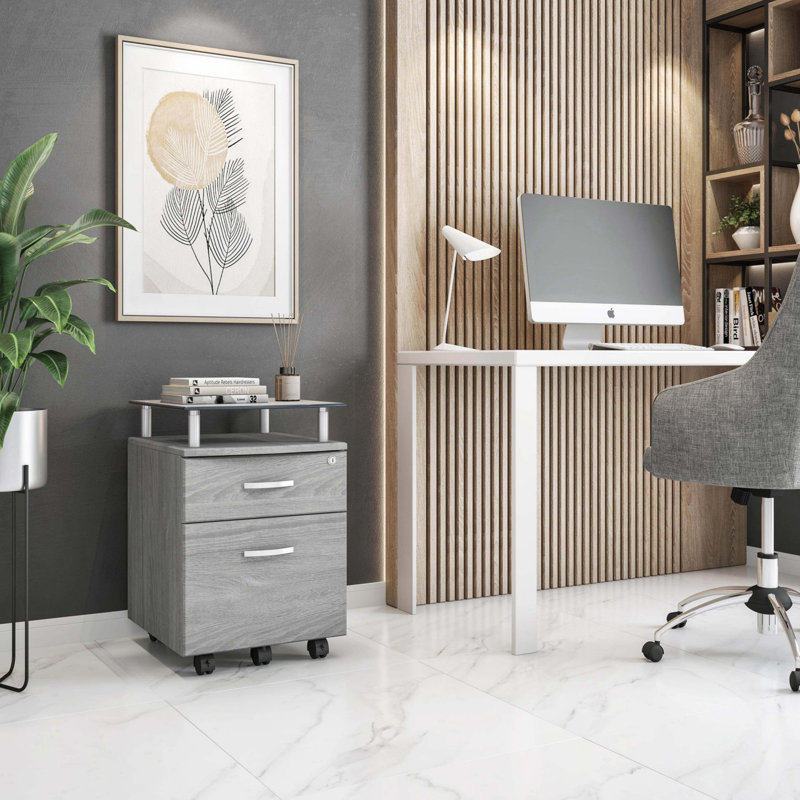 Classeur à roulettes avec plateau en verre Techni Mobile, Gris