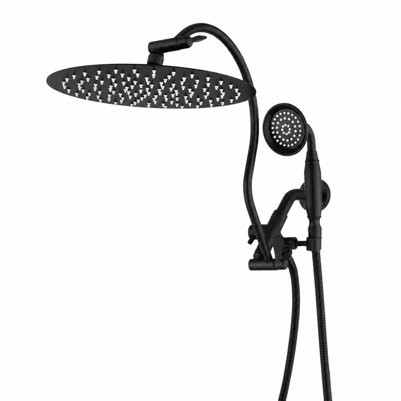 12-Inch Matte Black Rainfall & Handheld Shower System with 360° Adjustable Curved Extension Arm