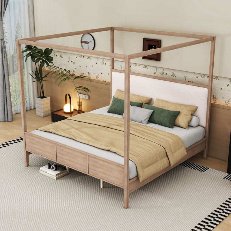 Lit plateforme élégant à baldaquin en bois avec tête de lit tapissier et lattes, King, Natural Walnut