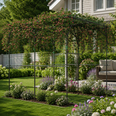 Treillis arqué de jardin Outsunny, support de treillis pour plante haute de 7,3 pi avec filet d'escalade, treillis de concombre d'extérieur pour plantes grimpantes, fleurs, légumes