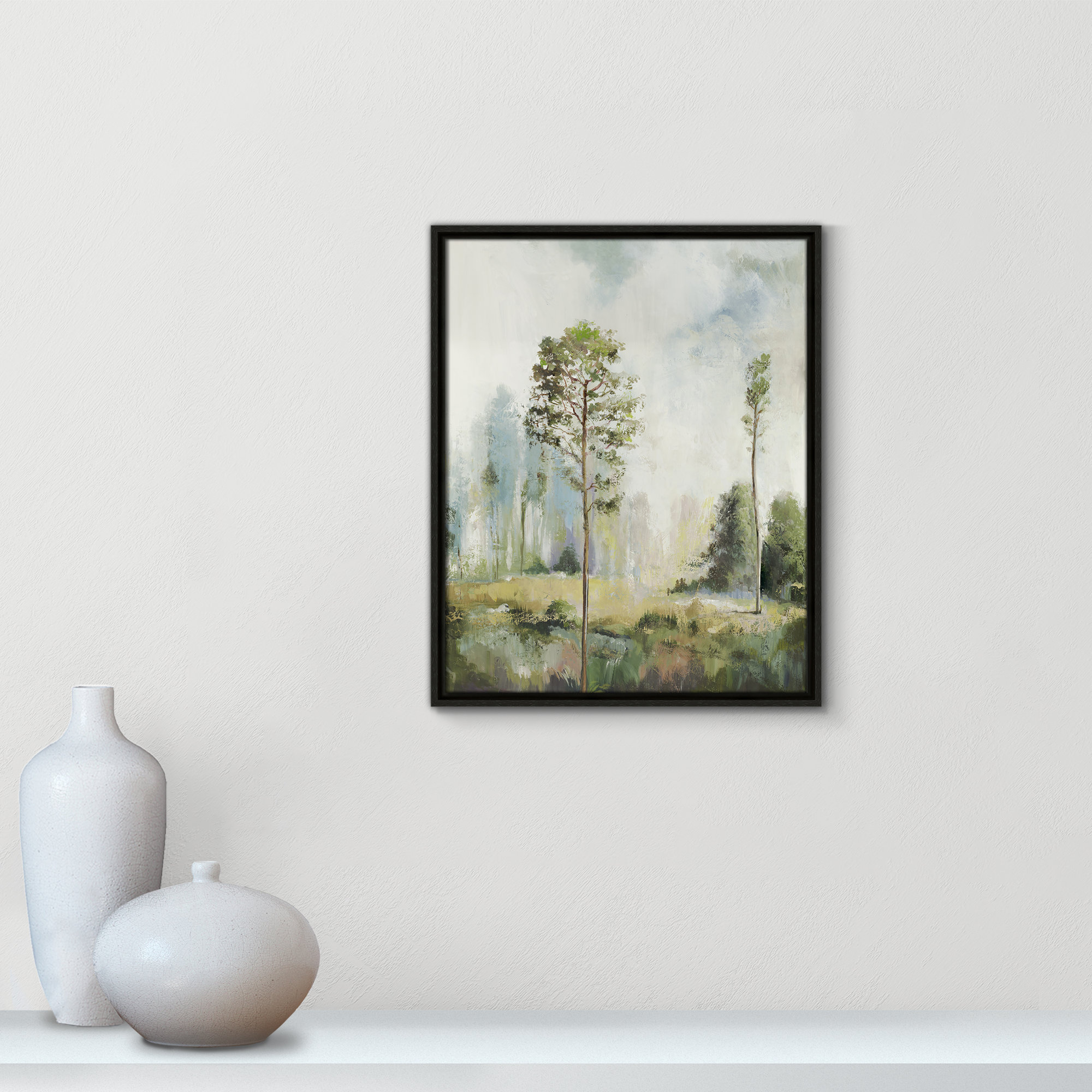 Tall Green Trees I by Teton Pearce - Floater Frame Print on Canvas, Espresso, 21.5" H x 17.5" W