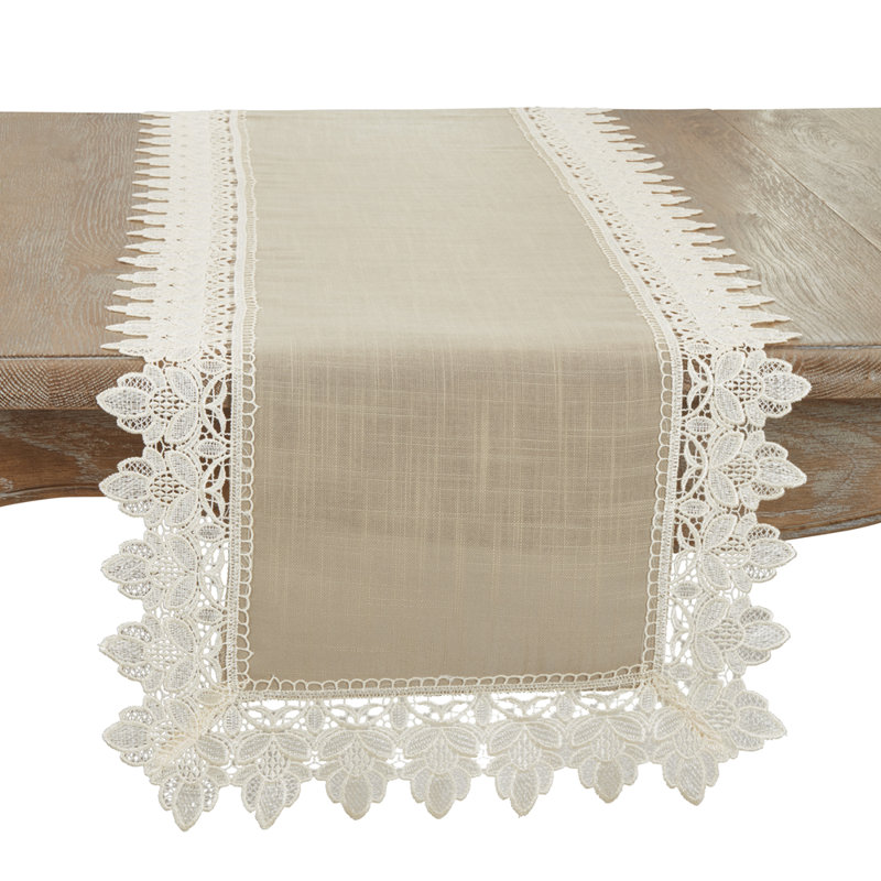 Venetto Lace Trimmed Elegant Table Runner , 108" L x 16" W, Taupe
