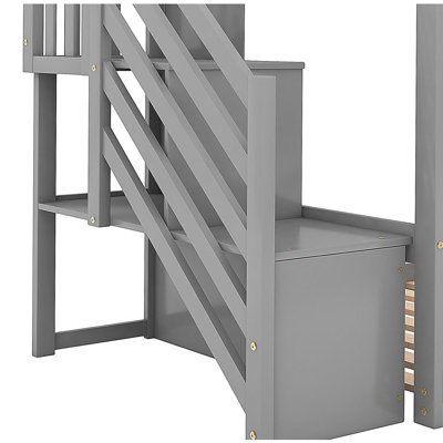 Double-decker bed with convertible slide and ladder, gray