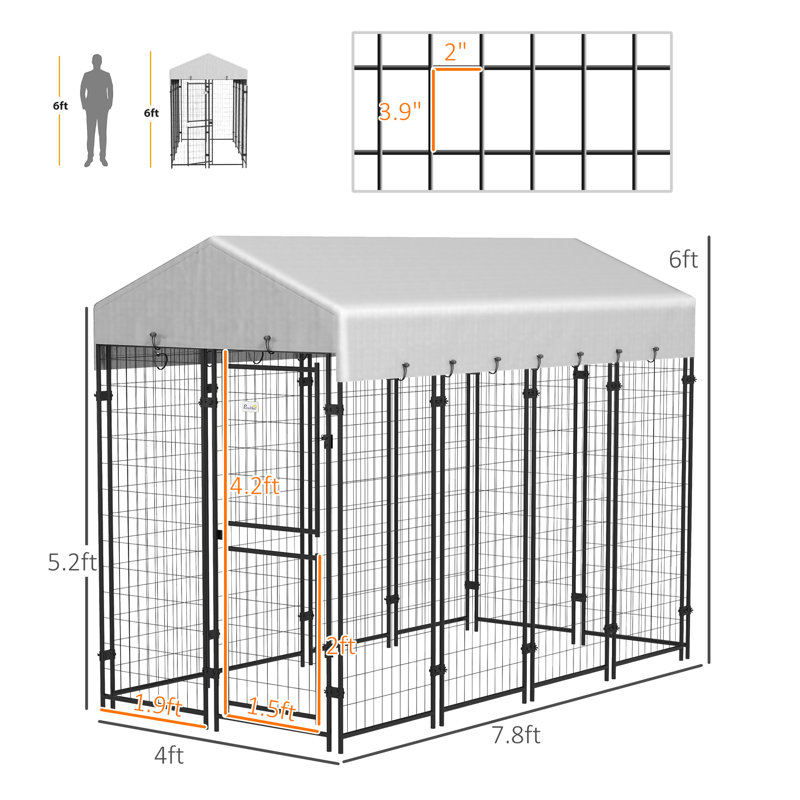 Chenil d'extérieur 7,8 pi x 6 pi pour animaux de compagnie - Métal robuste et toit de protection argenté spacieux