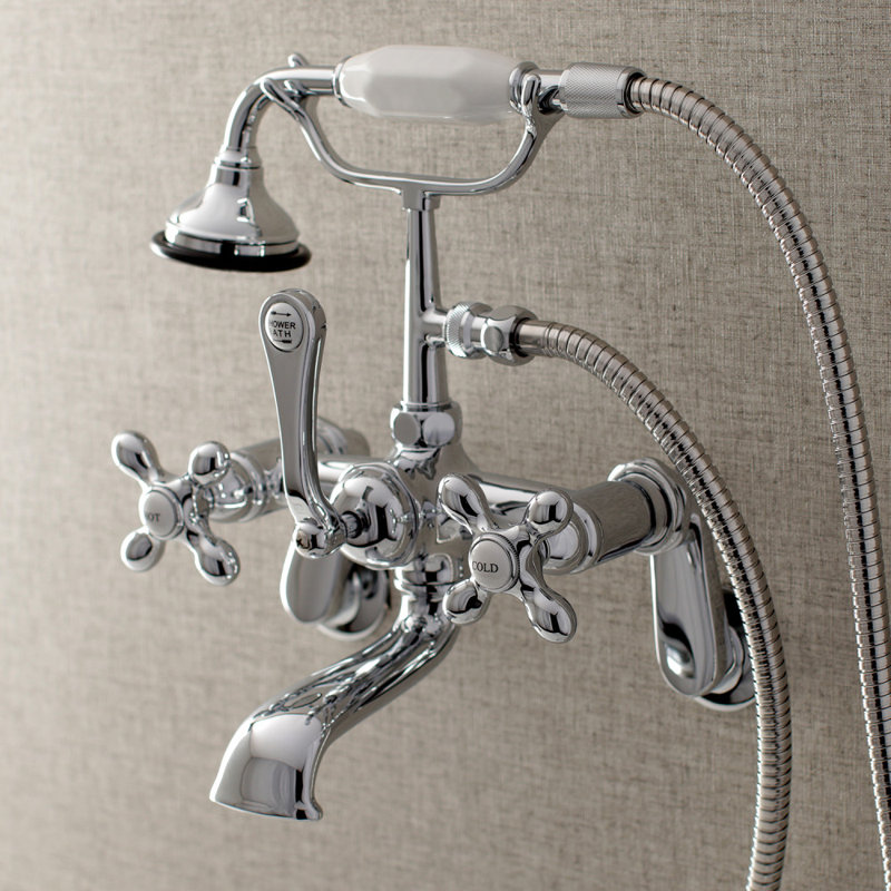 Robinet de baignoire à pattes mural à trois poignées avec douche à main, Chrome poli