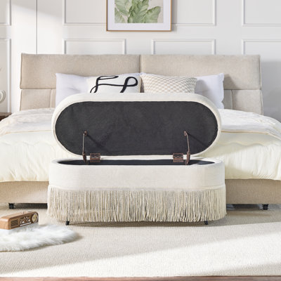 Canapé ovale capitonné avec couvercle relevable, 99 cm (L) x 41 cm (l) x 43 cm (H), structure en métal, tissu beige, multifonctionnel pour petite chambre ou salon.