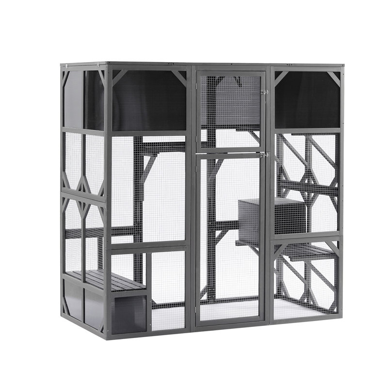 Chenil pour chat avec espace de vie spacieux et protection solaire - pont rebondissant extérieur foncé, plateformes, gris