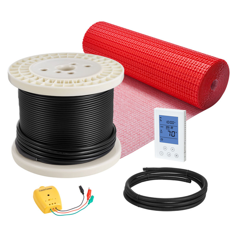 Système de tapis chauffant de 120 pieds carrés, système de plancher chauffant électrique radiant 120 V, avec membrane de découplage et thermostat et alarme à contrôle intelligent, installation facile pour les carreaux, la pierre, le vinyle